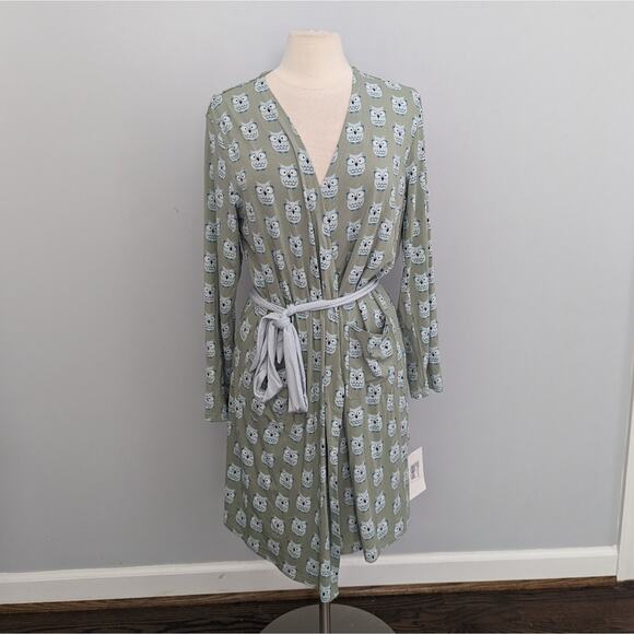 NEW Kickee Womens Maternity Nursing Robe Medium Wrap Soft Green Owl - Picture 1 of 8